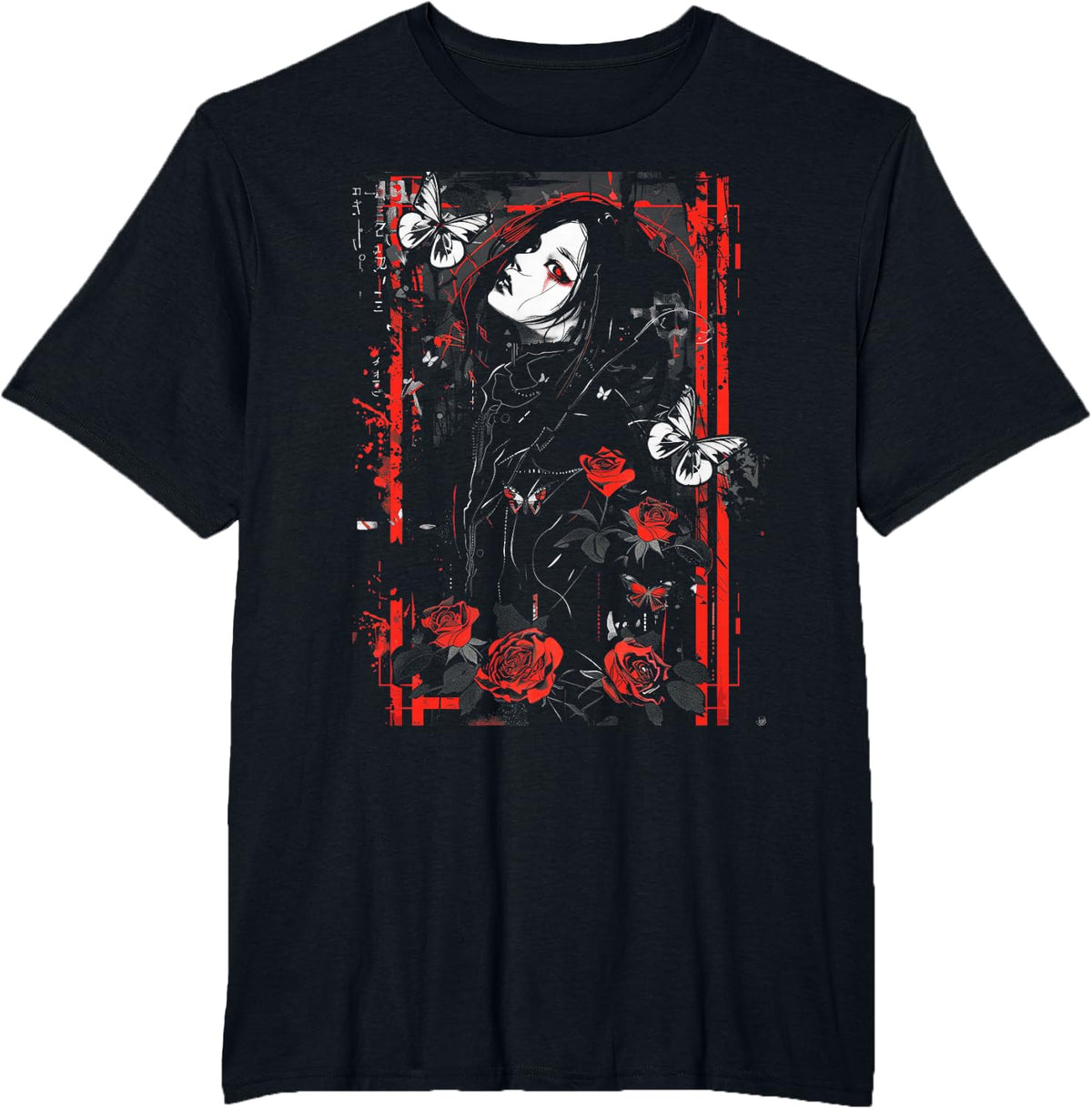 Anime Japanese Goth Cyberpunk City Gothic Butterfly Art Rose T-Shirt Tee For Women Men - Black