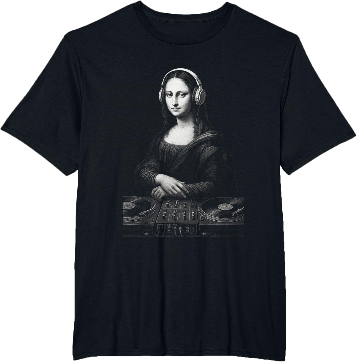 Mona Lisa DJ Headphones Turntables Music Mixer Art Parody T-Shirt - Black