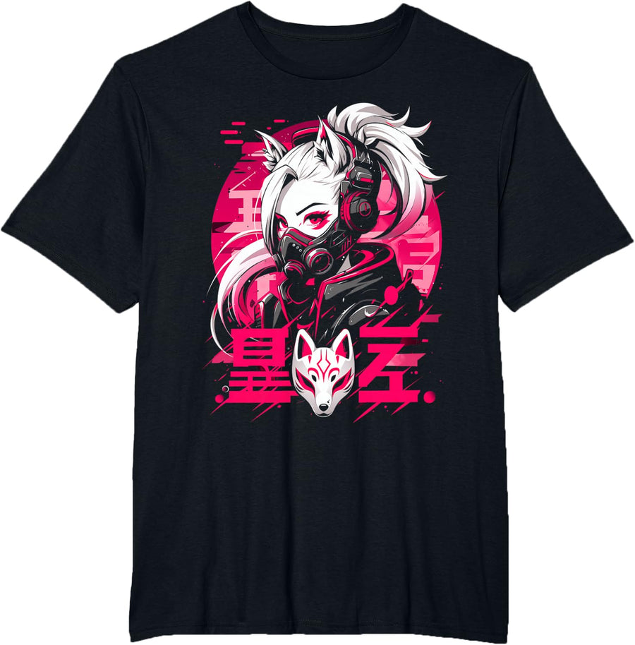 Anime Manga Cyberpunk Aesthetic Techwear Harajuku Kitsune T-Shirt - Black