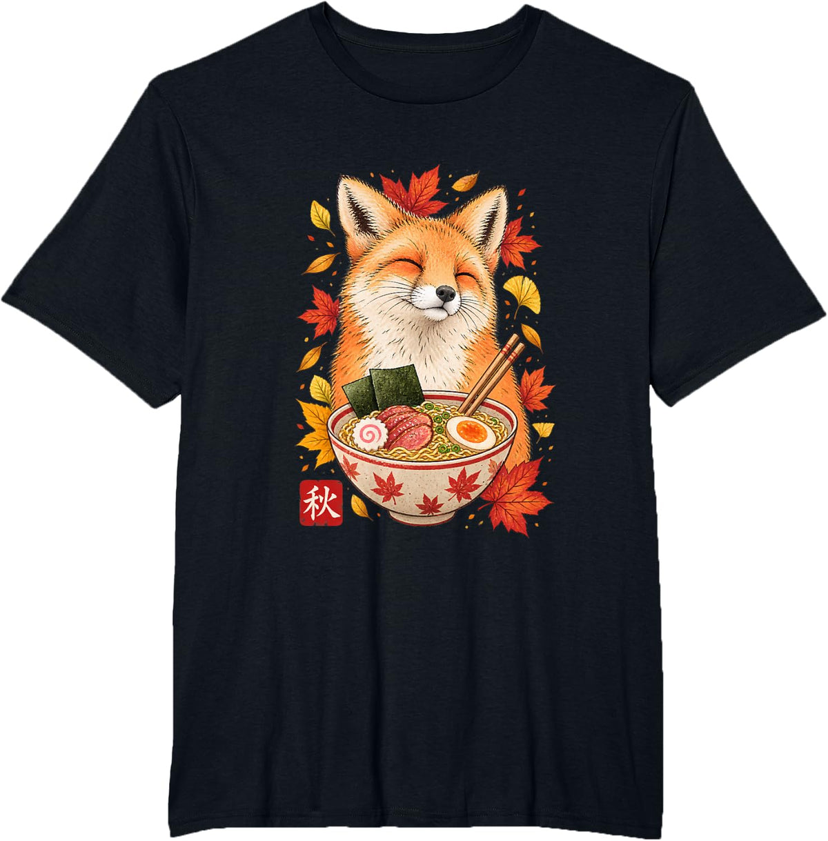 Cute Fox Eating Ramen Autumn Japanese Animal Fox Lover T-Shirt - Black