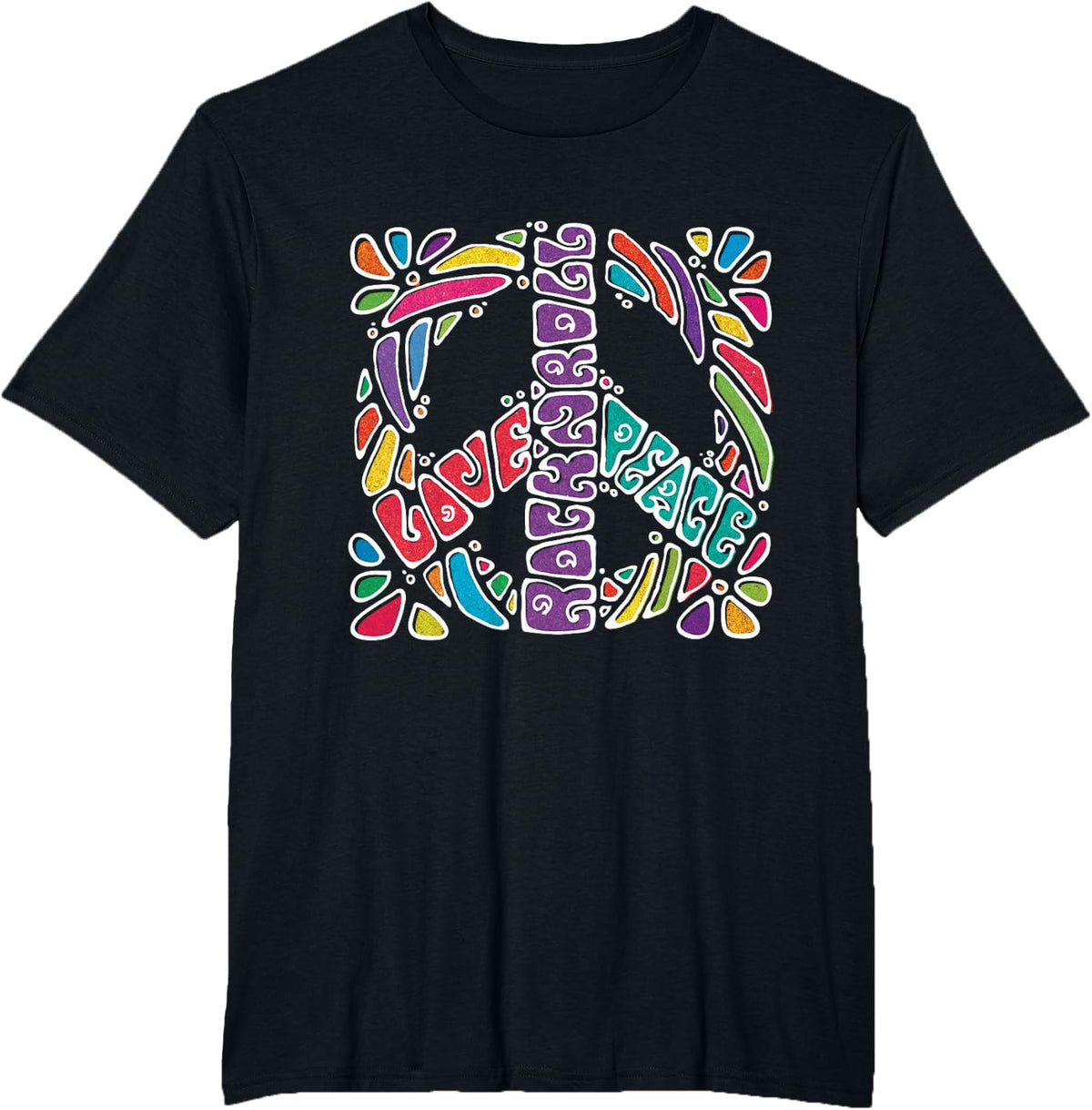 Peace Love Rock and roll t Shirt Music Hippie Groovy Gift T-Shirt - Black