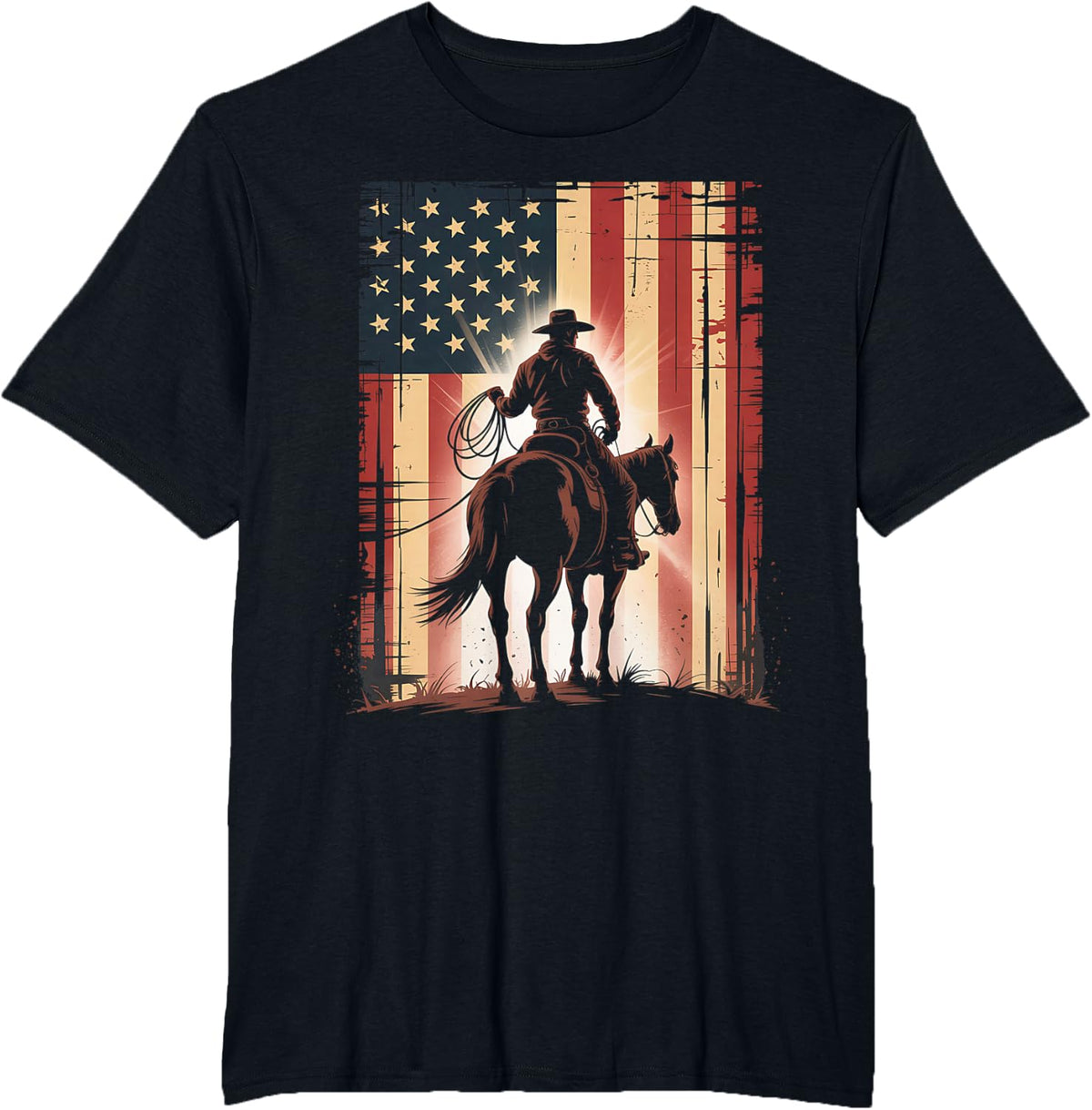 Rodeo Cowboy Western Country Horse USA flag 4th of July T-Shirt - Black