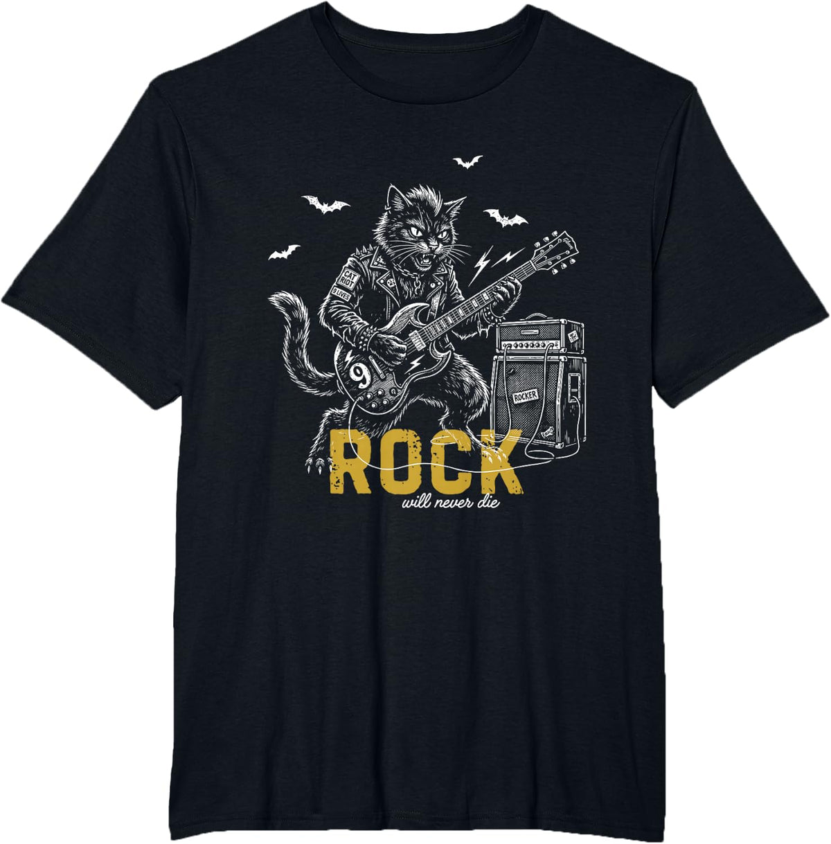 Guitar Player Black Cat Rocker Rock Will Never Die Vintage T-Shirt - Black