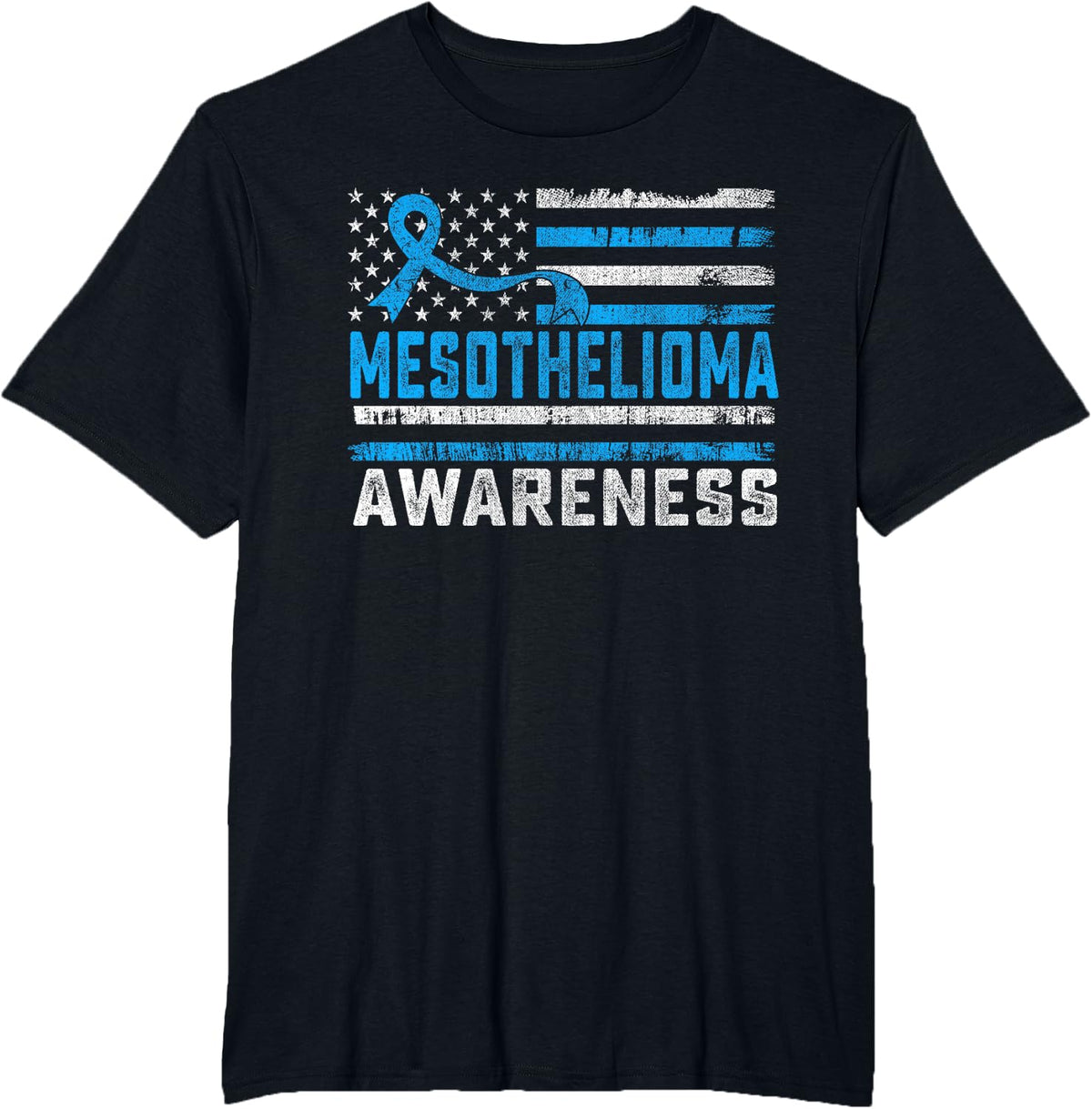 Mesothelioma Awareness Month American Flag Blue Ribbon T-Shirt - Black