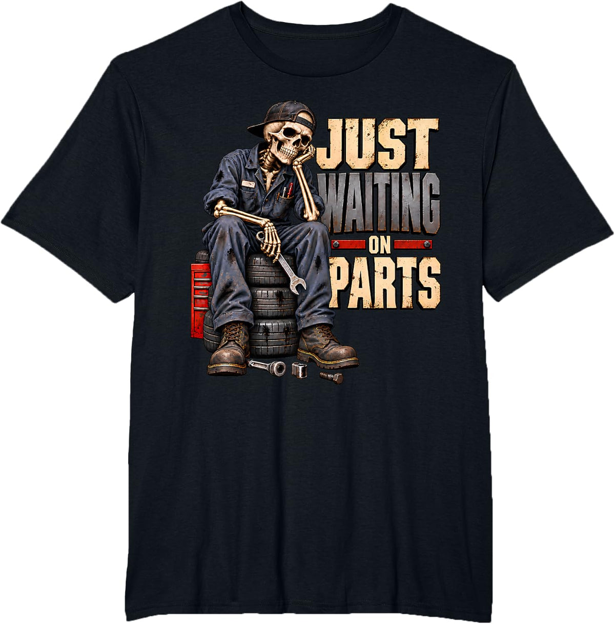Mechanic Skeleton Top Garage Workwear Just Waiting On Parts T-Shirt - Black
