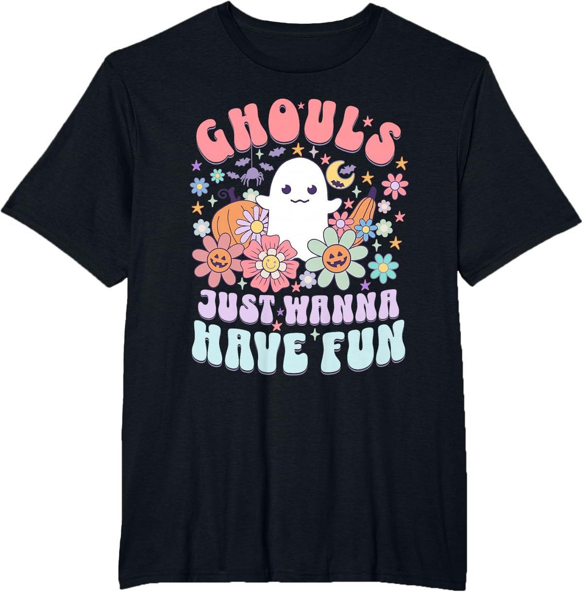 Ghouls Just Wanna Have Fun Cute Ghost Halloween Saying Girls T-Shirt - Black