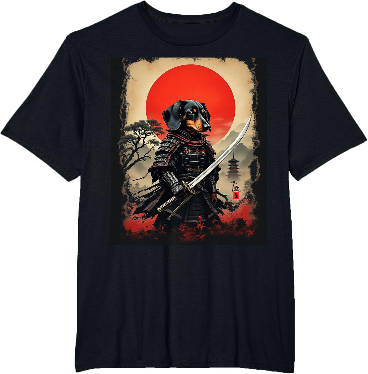 Samurai Dachshund Art T-Shirt Tees for Men Women Dog Lovers Japanese Warrior Tee - Black