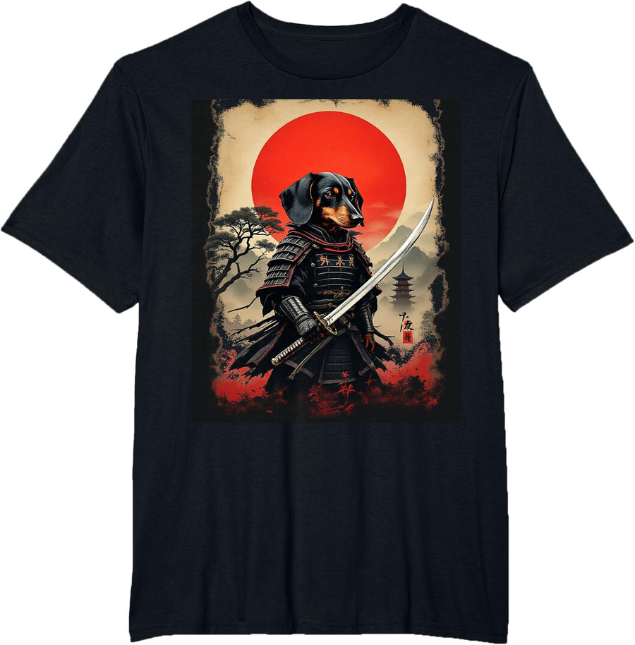 Samurai Dachshund Art T-Shirt Tees for Men Women Dog Lovers Japanese Warrior Tee - Black
