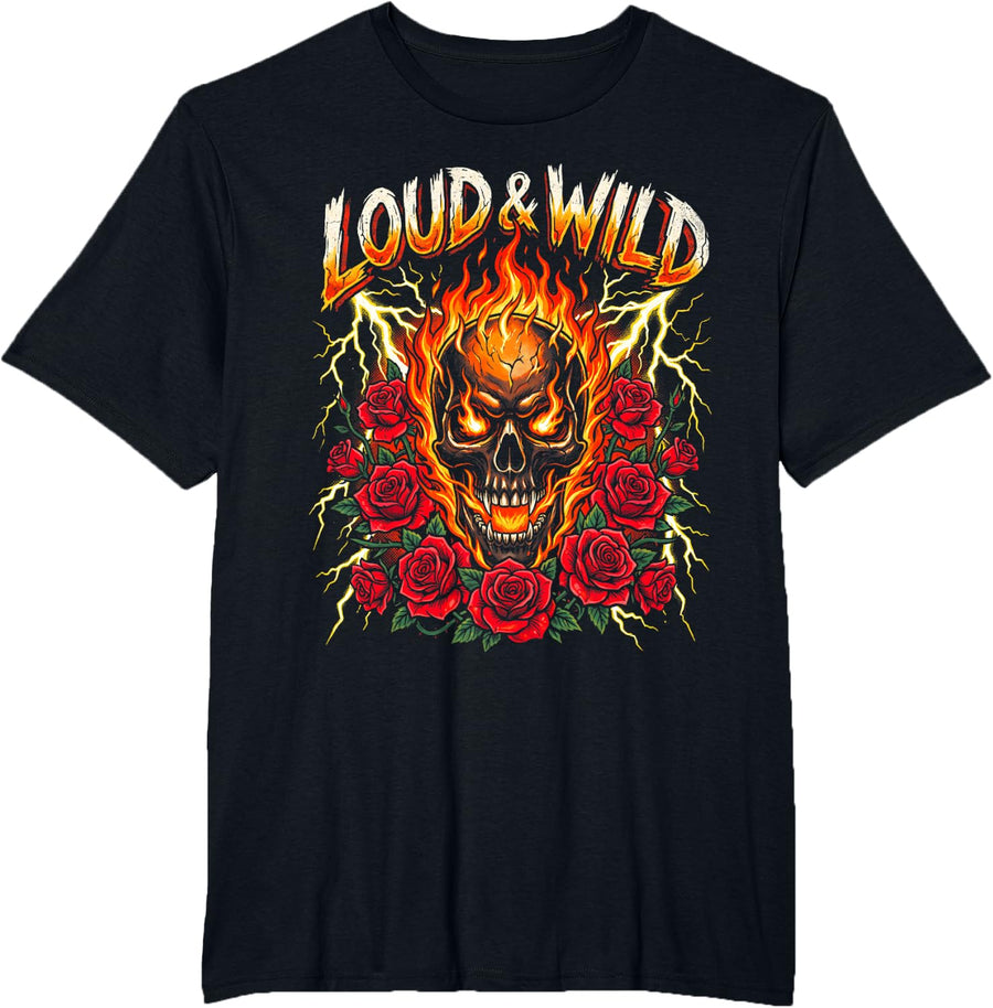 Loud & Wild Skull with Rose Flames Electric Rock Graphic T-Shirt - Black