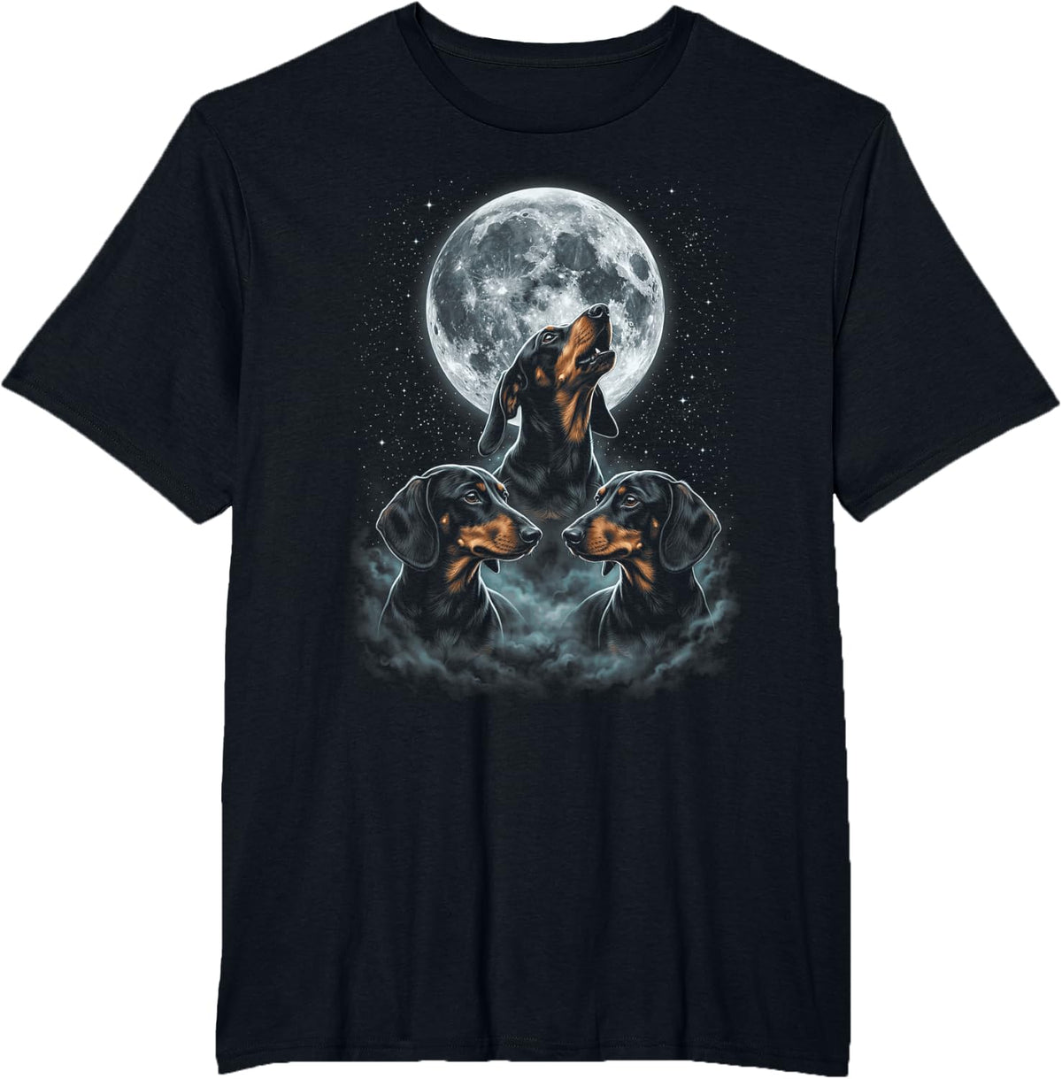Three Dachshunds Howling At The Full Moon T-Shirt - Black