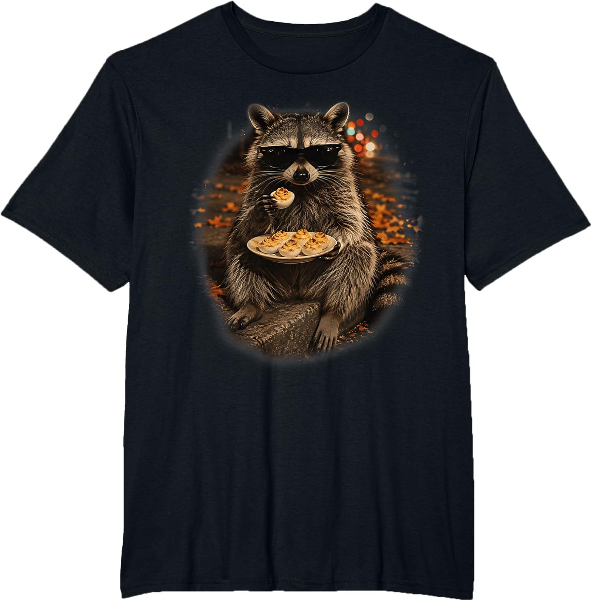 Cool Raccoon Sunglasses Eating Deviled Eggs Thanksgiving T-Shirt - Black