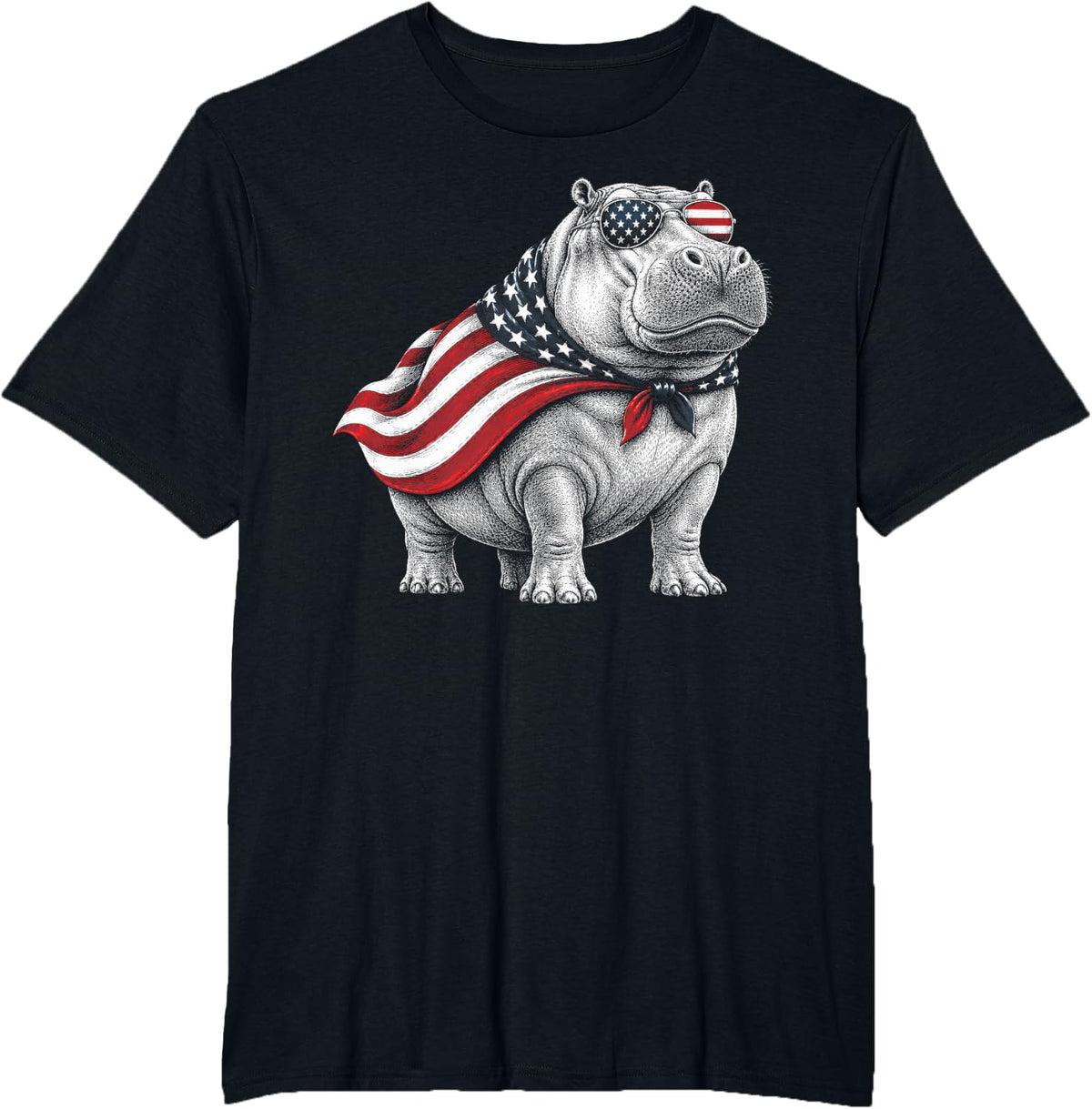 Hippo 4th of July US American Flag Patriotic Safari Animal T-Shirt - Black