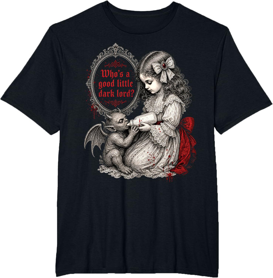 Whos A Good Little Dark Lord Victorian Demon Occult T-Shirt - Black