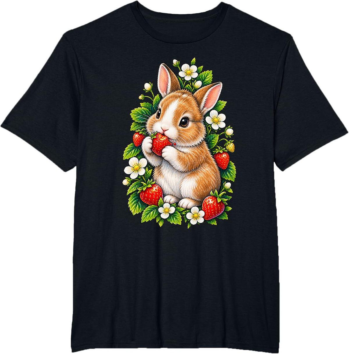 Rabbit with Strawberry and Blossoms T-Shirt - Black