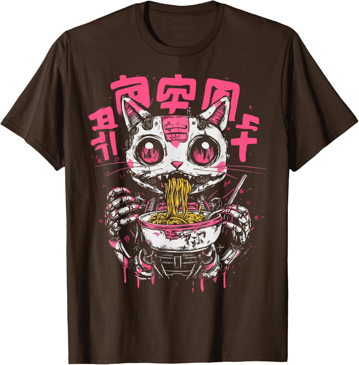 Cat Ramen Skeleton Japanese Creepy Anime Cat Halloween Tees T-Shirt for Men Women - Brown