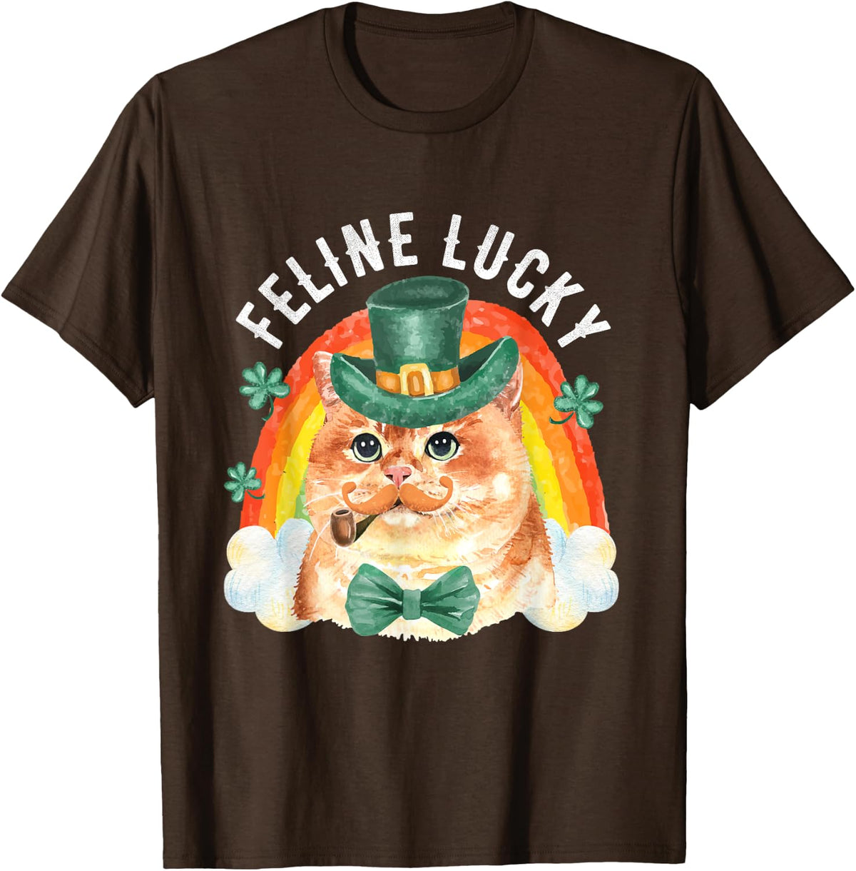 Feline Lucky St Patricks Day Funny Leprechaun Cat Rainbow T-Shirt - Brown