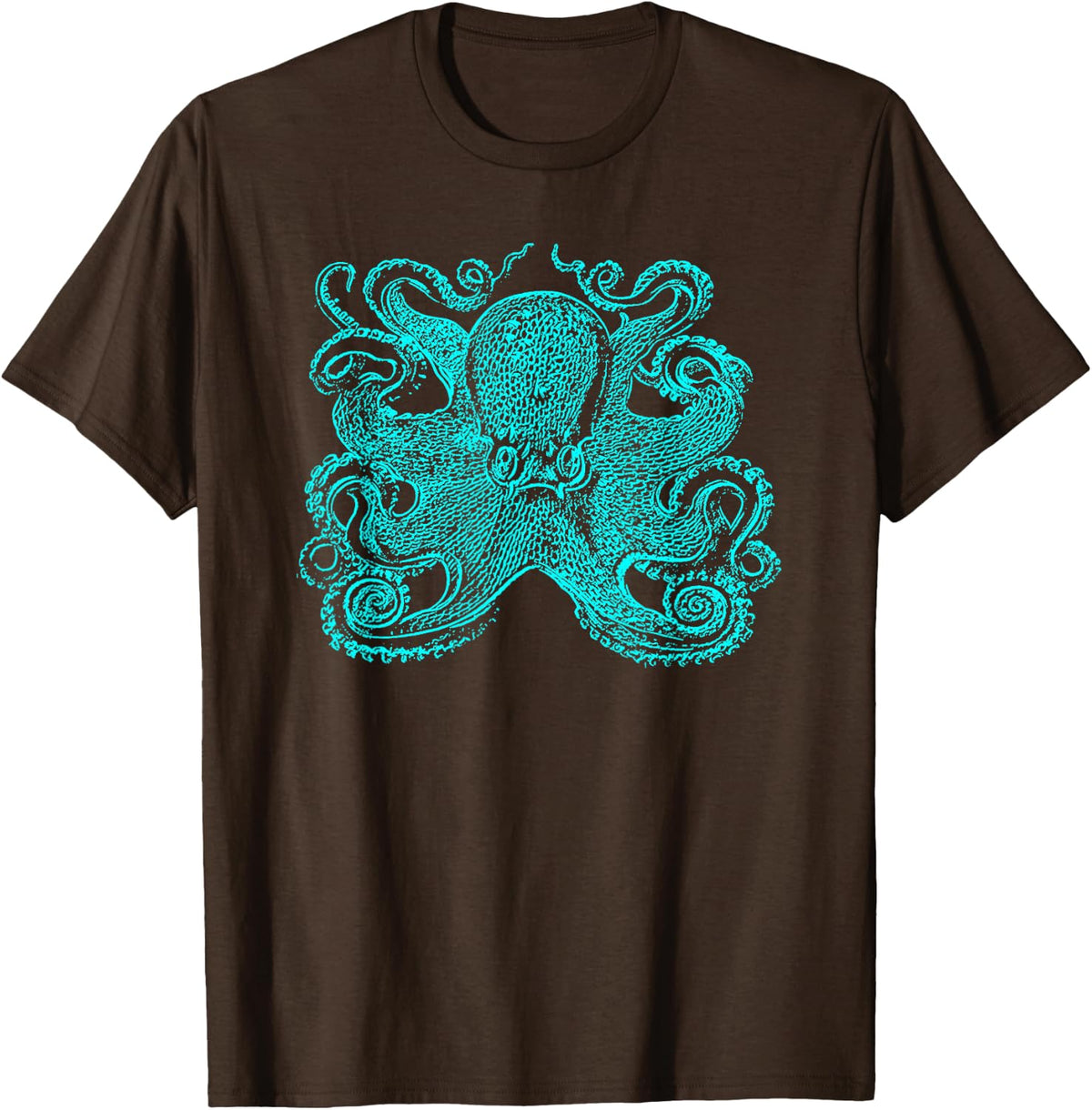 Blue Octopus Ocean Biology Nautcal Art Kraken Illustration T-Shirt - Brown