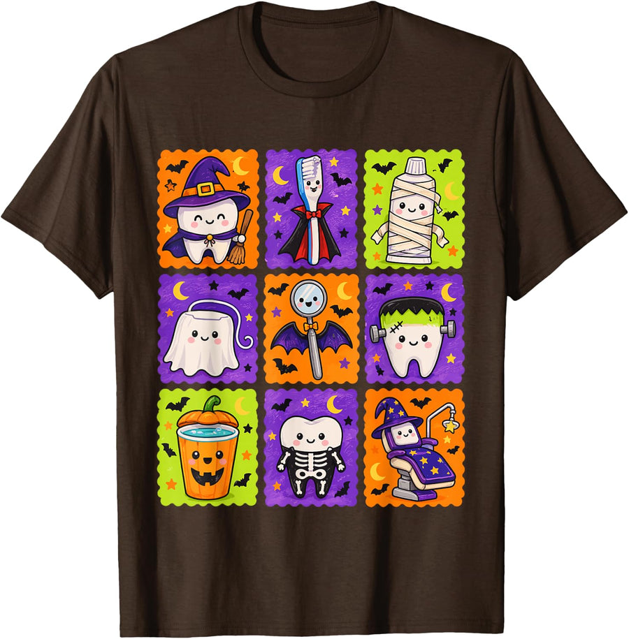 Fall Dentist Halloween Tooth Bow Pumpkin Dental Hygienist T-Shirt - Brown