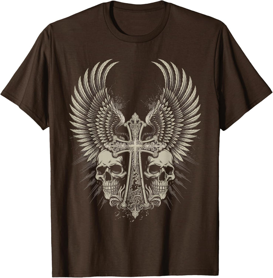 Y2K Grunge Emo Aesthetic Alt Goth Skull Cross Gothic T-Shirt - Brown