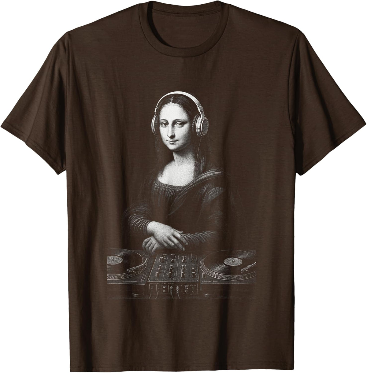 Mona Lisa DJ Headphones Turntables Music Mixer Art Parody T-Shirt - Brown