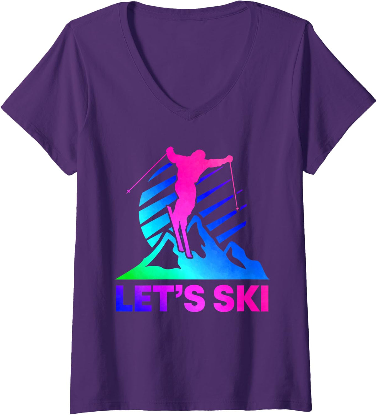 Womens Retro Ski Vintage 80s 90s Skiing Outfit V-Neck T-Shirt - Purple
