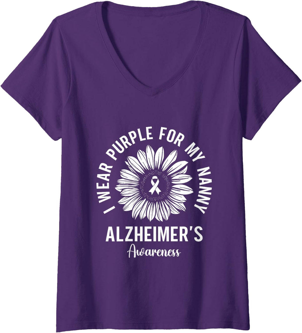 Women's I Wear Purple for My Nanny Alzheimer's Awareness Sunflower V-Neck T-Shirt - Purple