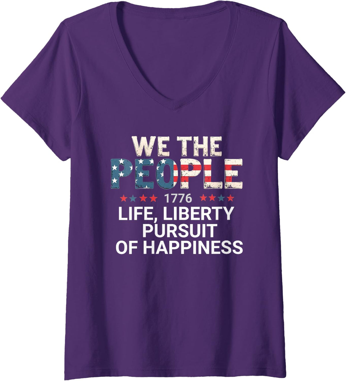 Womens 1776 Life Liberty Pursuit of Happiness Patriotic Graphic USA V-Neck T-Shirt - Purple