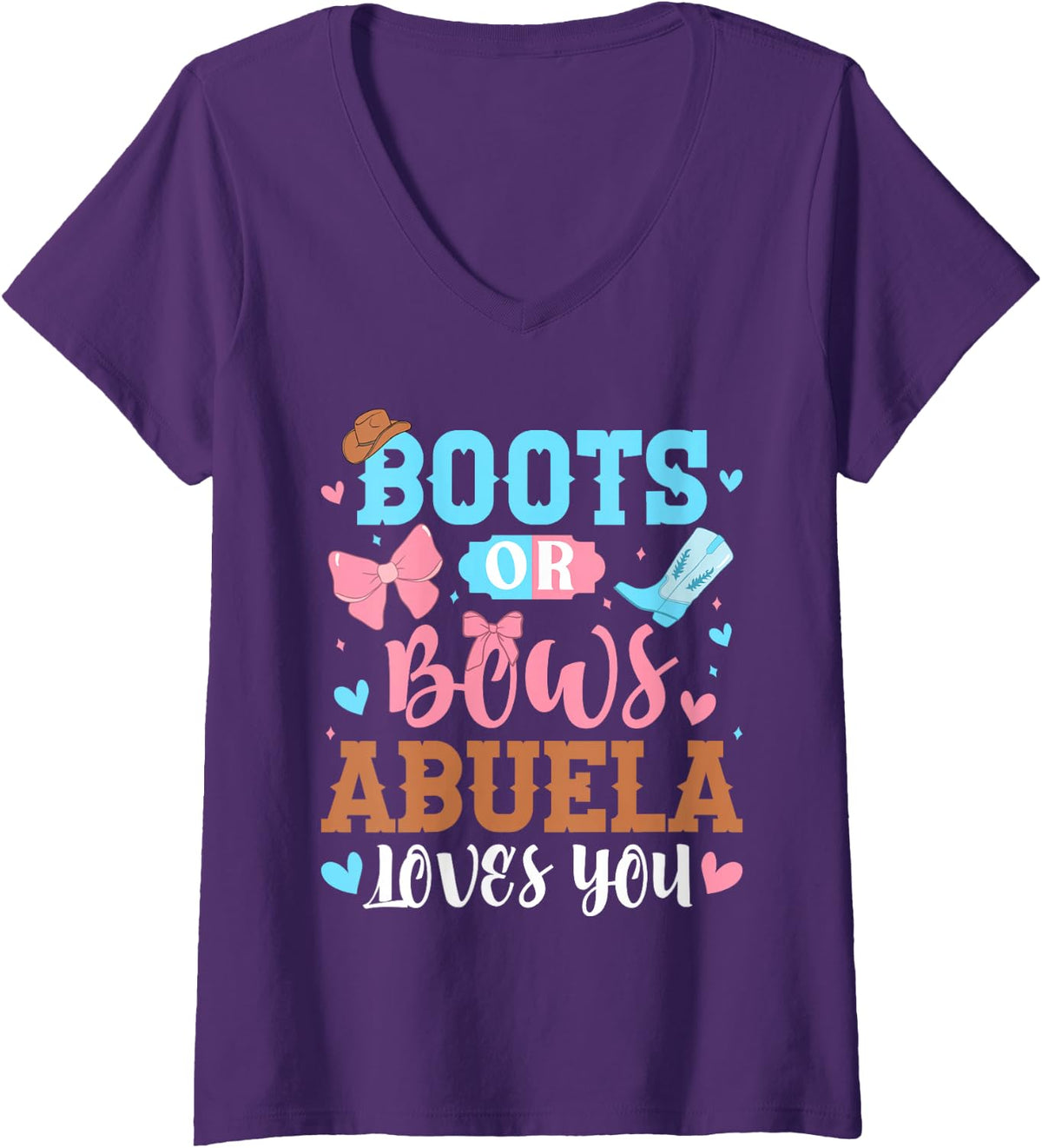 Women's Boots Or Bows Abuela Loves You Gender Reveal Party Grandma V-Neck T-Shirt - Purple
