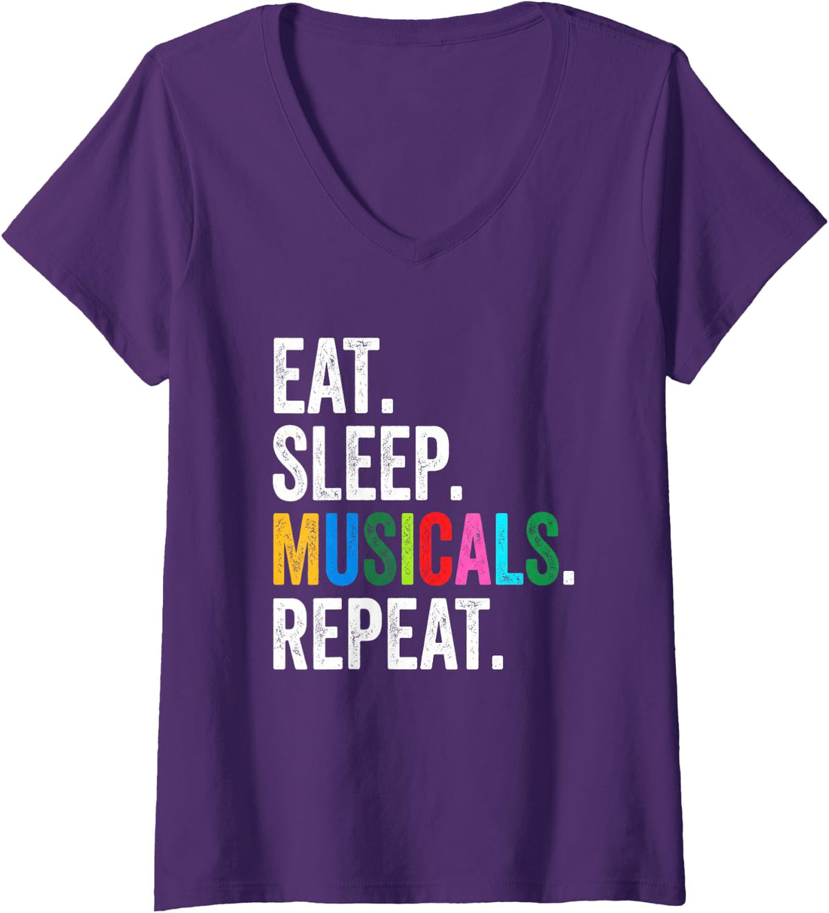 Women's Eat, Sleep, Musicals, Repeat -Funny Broadway Musical Theatre V-Neck T-Shirt - Purple