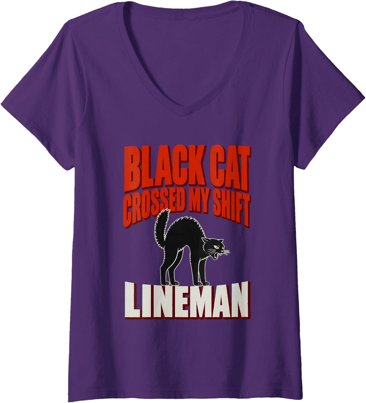 Women's Black Cat Crossed My Shift Lineman Black Cat Halloween V-Neck T-Shirt - Purple