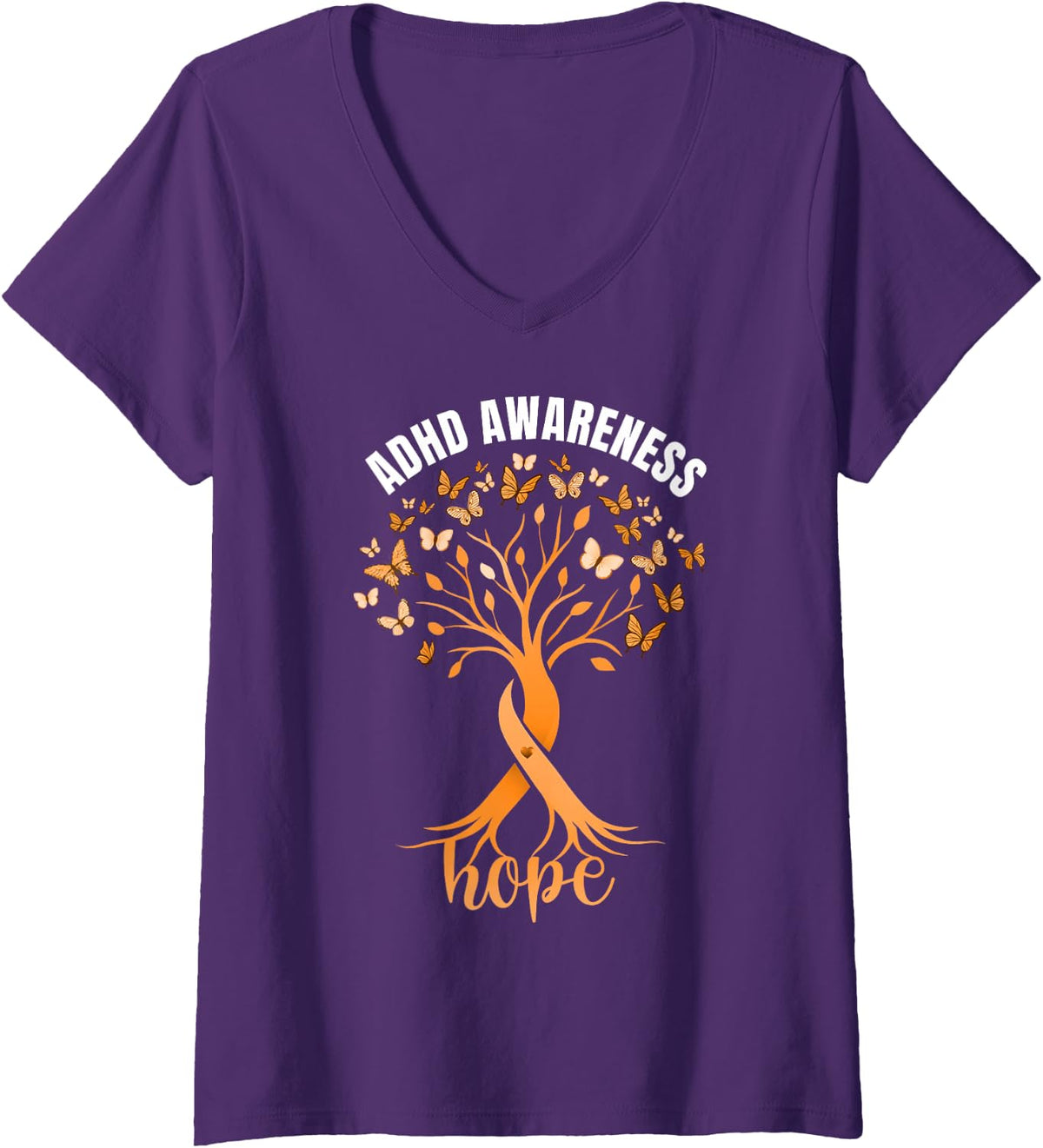 Women's ADHD Awareness Hope Butterfly Brain Neurodiversity Pride V-Neck T-Shirt - Purple