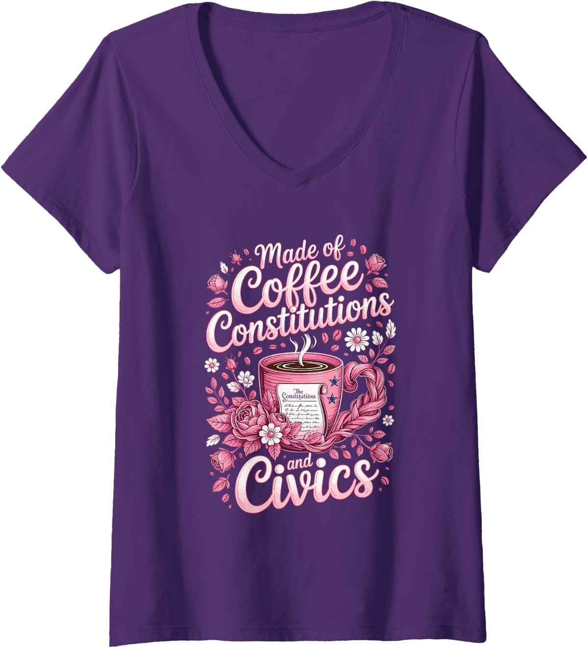 Women's Made of Coffee Constitutions and Civics V-Neck T-Shirt - Purple