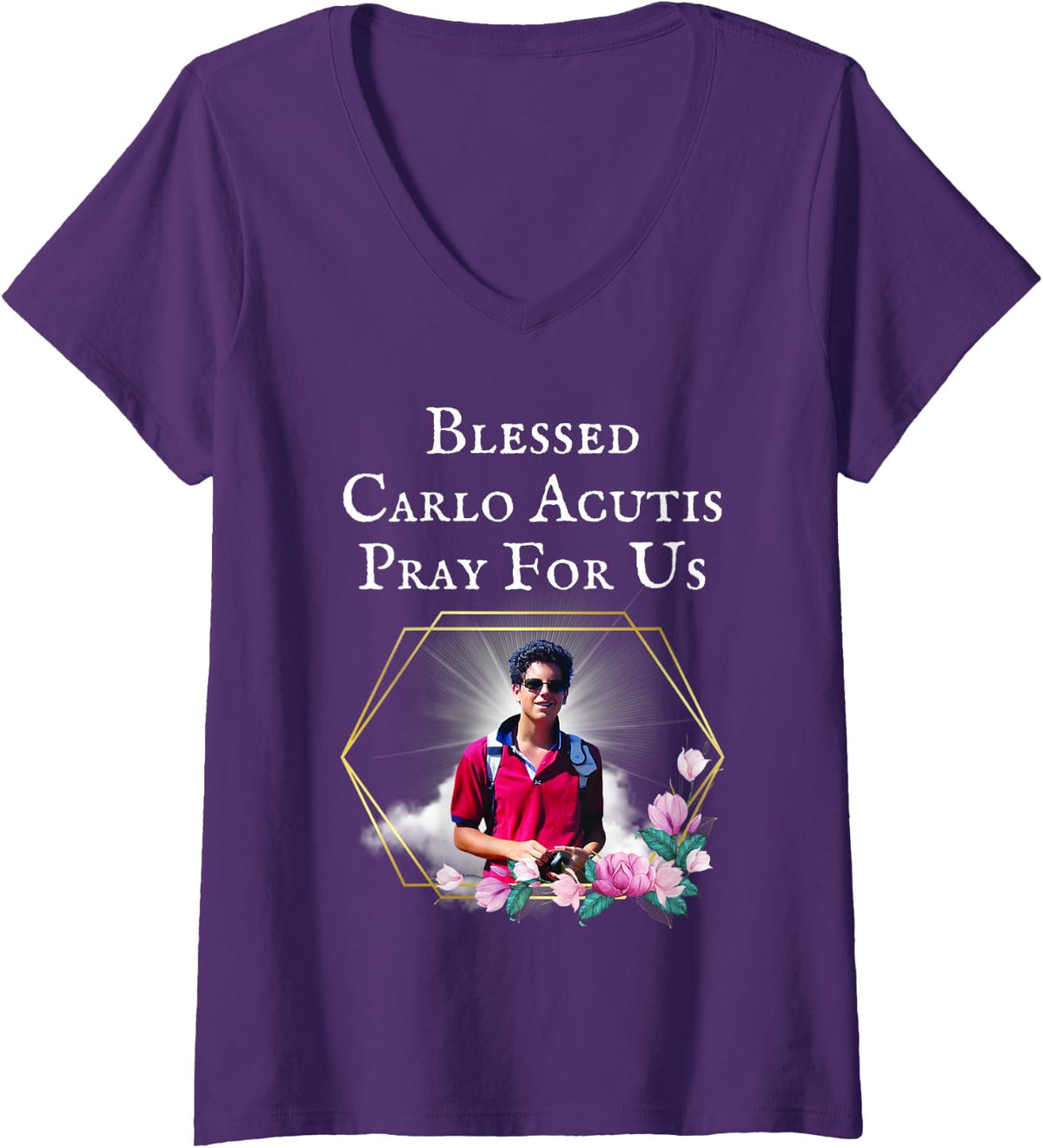 Womens Blessed Carlo Acutis Pray For Us | Catholic Beatification V-Neck T-Shirt - Purple