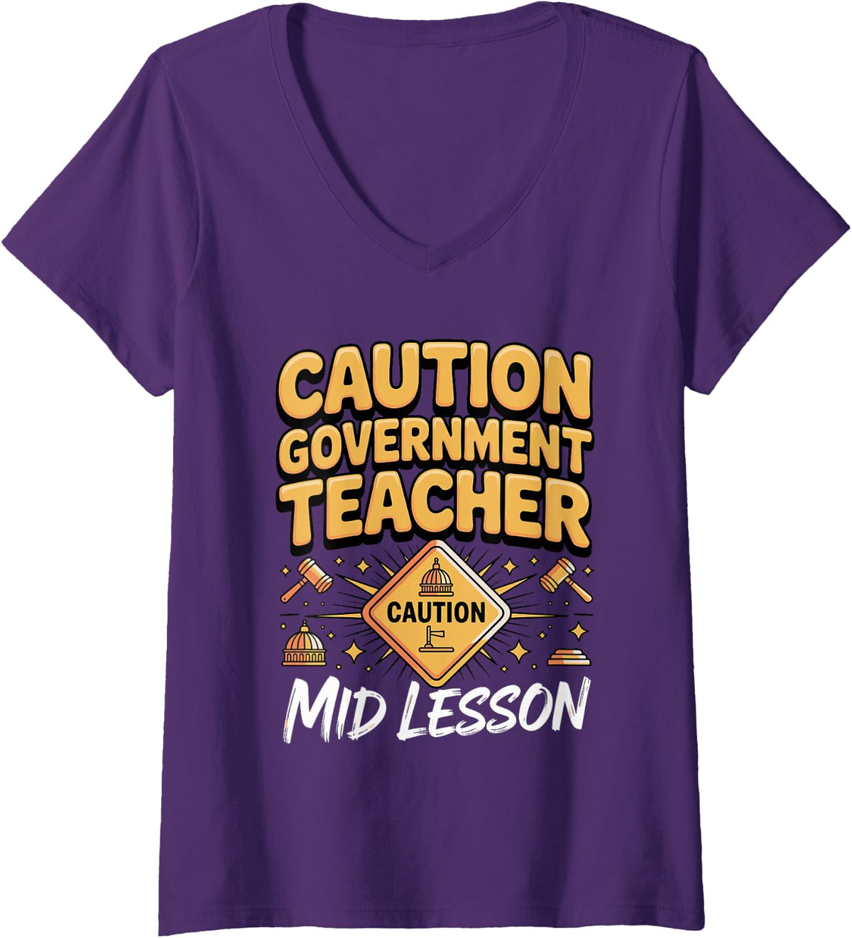Women's Caution Government Teacher Mid Lesson V-Neck T-Shirt - Purple