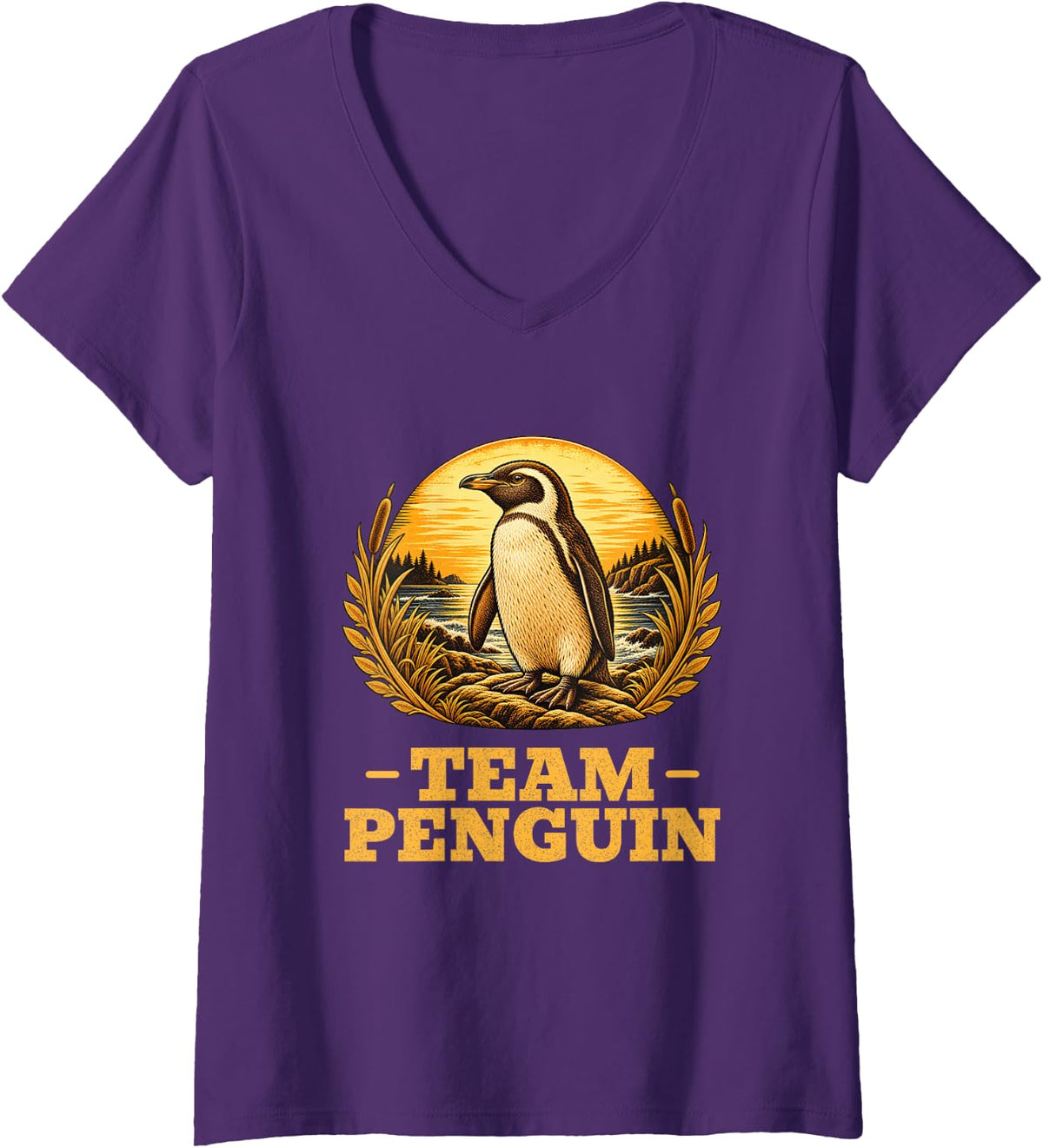 Women's Team Penguin Vintage Bird Retro Animal Lover V-Neck T-Shirt - Purple