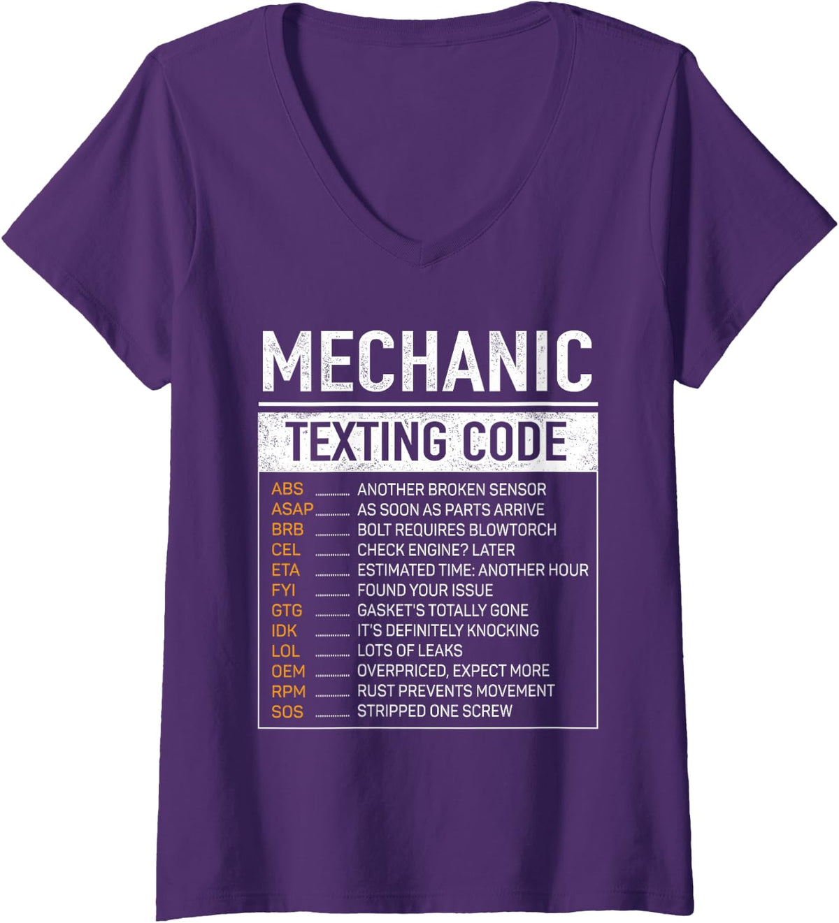 Women's Mechanic Texting Code Funny Auto Repair Garage Gag Humor V-Neck T-Shirt - Purple