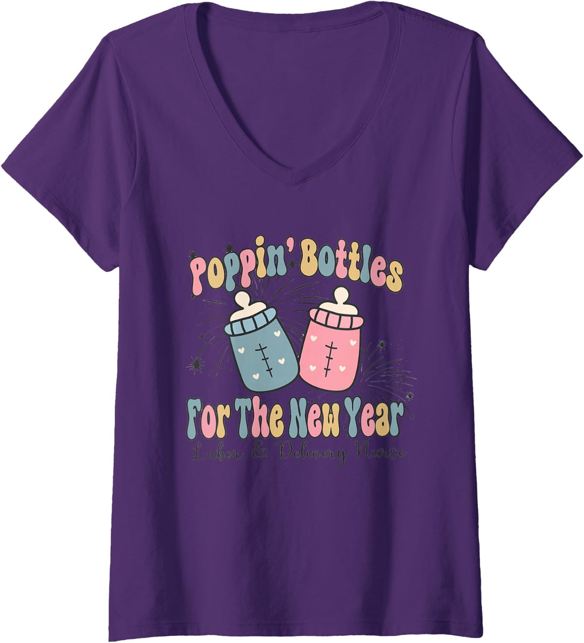 Women's Women Retro Poppin' Bottles for The New Year Labor Delivery V-Neck T-Shirt - Purple