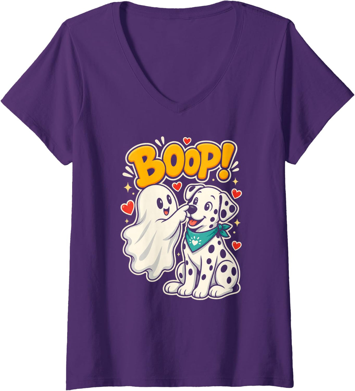 Women's Halloween Dalmatian Dog Lover Ghost Boop V-Neck T-Shirt - Purple