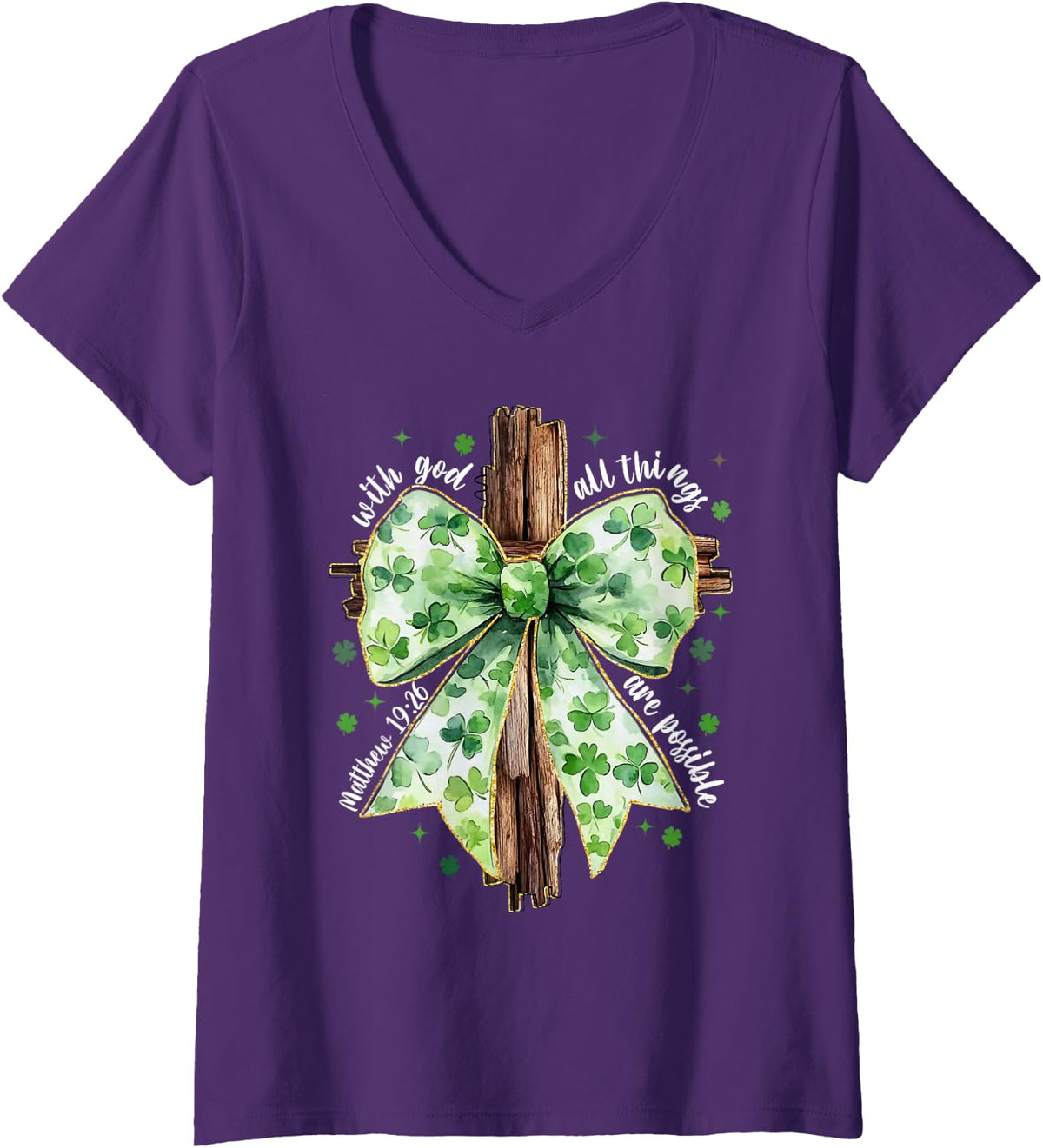 Women's Jesus Christian Coquette Bow St Patrick's Day Shamrock Irish V-Neck T-Shirt - Purple