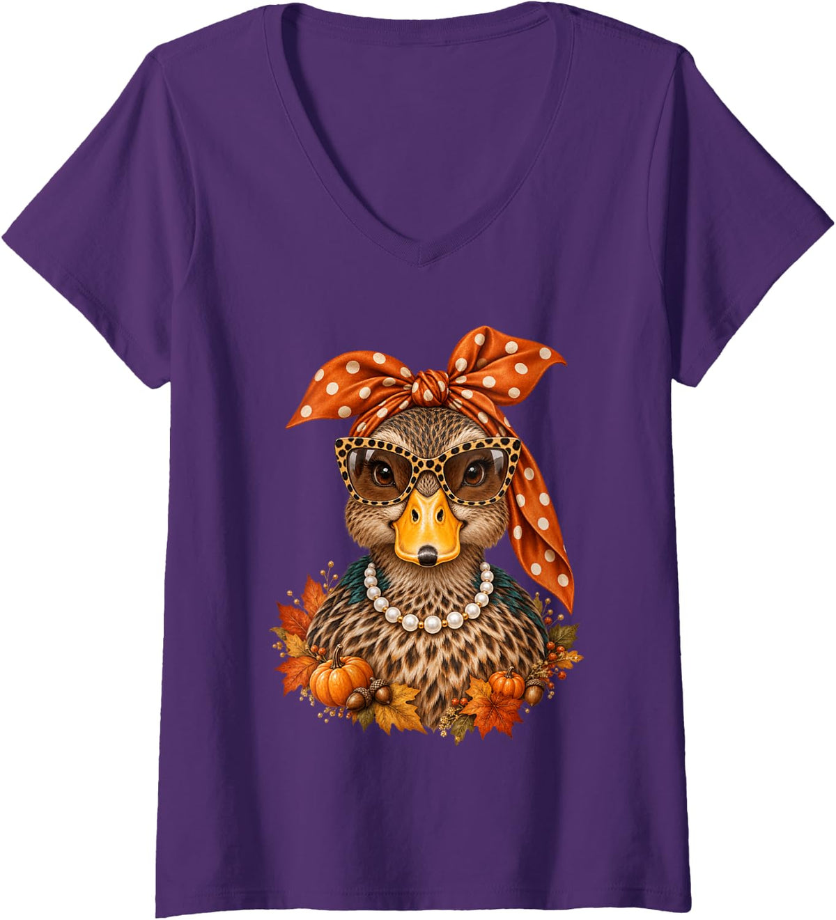Women's Autumn Mallard Duck Leopard Glasses Polka Dot Bandana Season V-Neck T-Shirt - Purple
