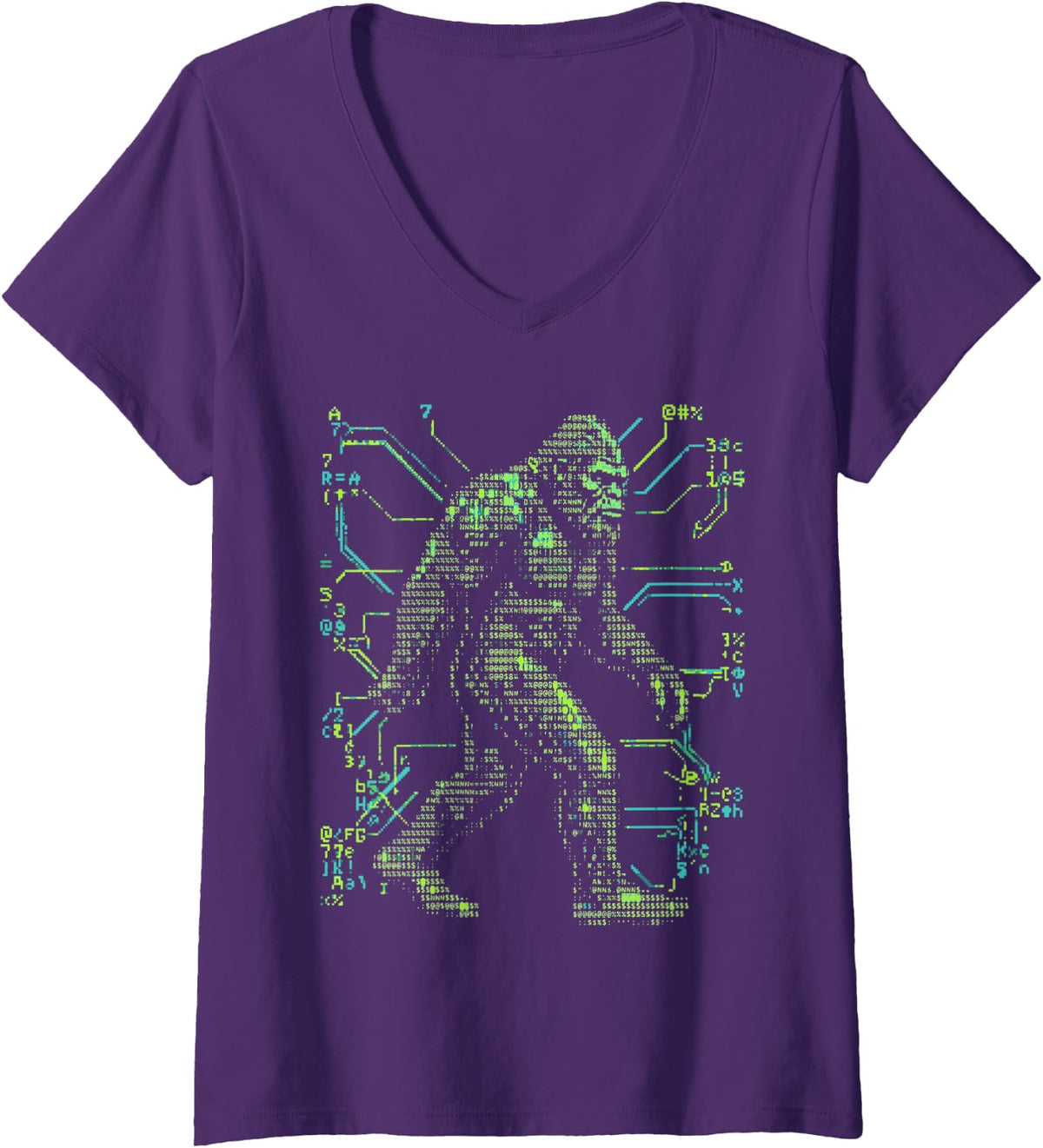 Women's Cyberpunk ASCII Face Code Art V-Neck T-Shirt - Purple