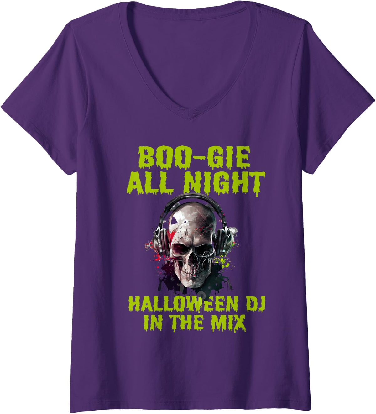 Women's Halloween DJ Turntable Headphones Audiologist Disk Jockey V-Neck T-Shirt - Purple