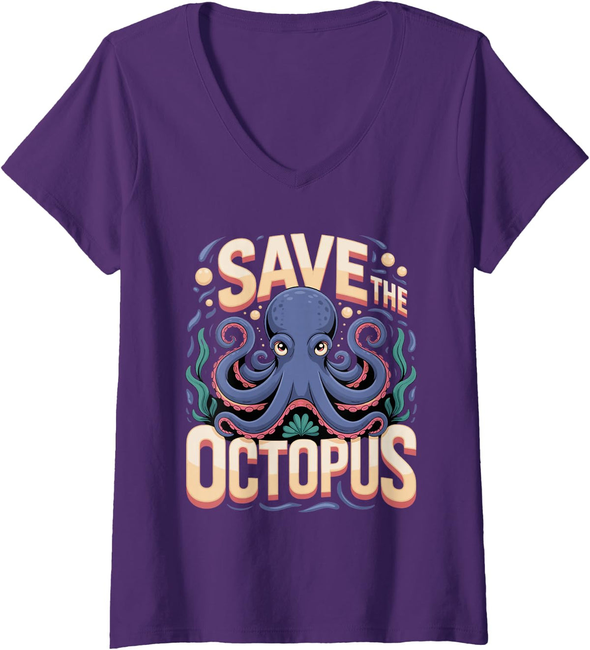 Women's Save the Octopus Cephalopod Marine V-Neck T-Shirt - Purple