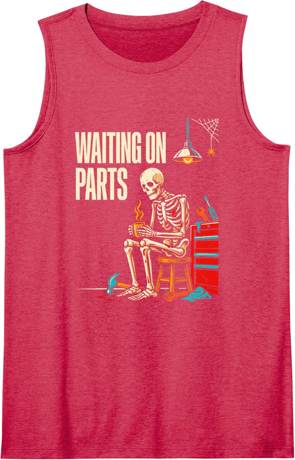 Waiting On Parts Skeleton Mechanic Auto Repair Novelty Humor Sleeveless Tank Top - Red