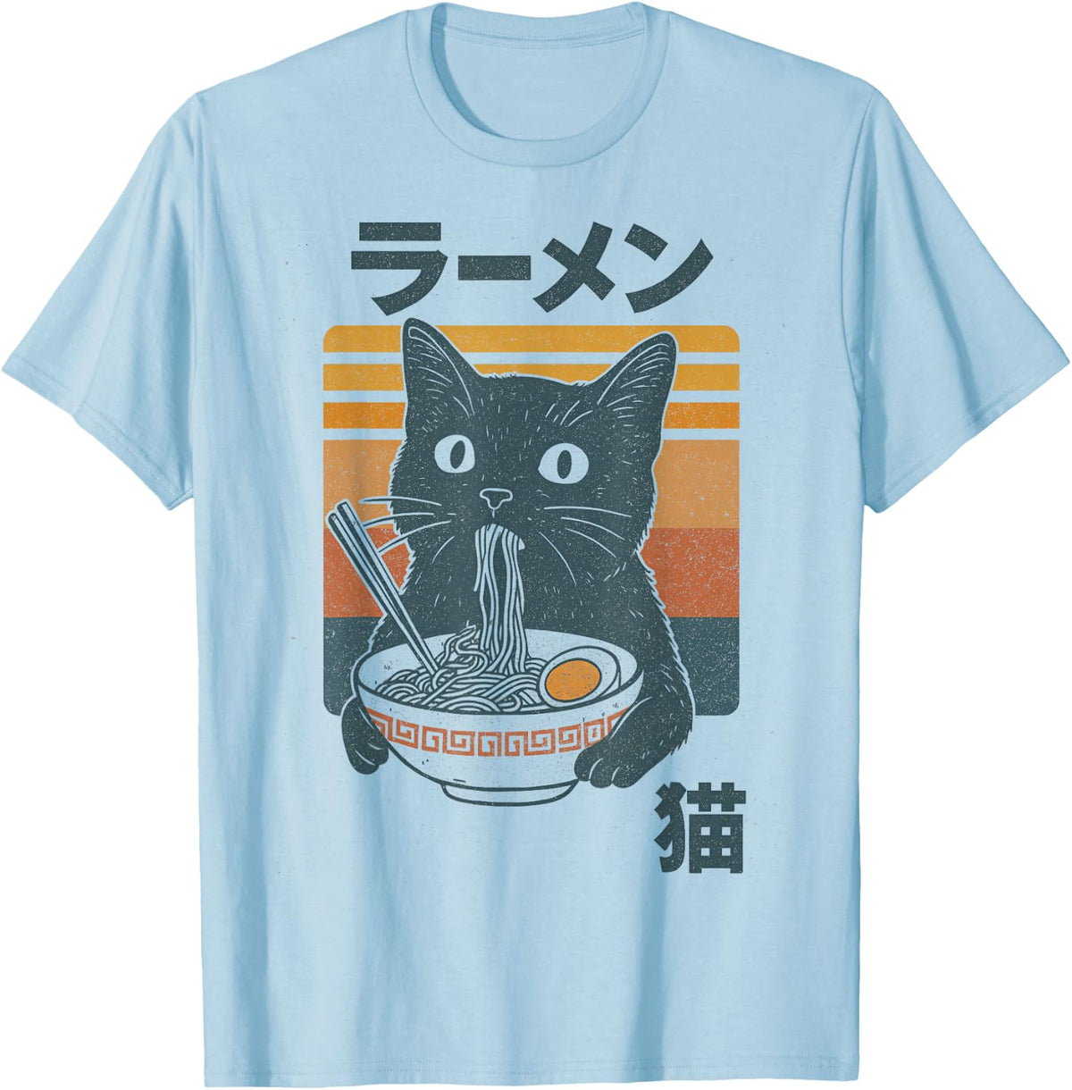 Retro Cat Eating Ramen Noodles Tee Anime Japanese T-Shirt Boys Girls Men Women - Baby Blue