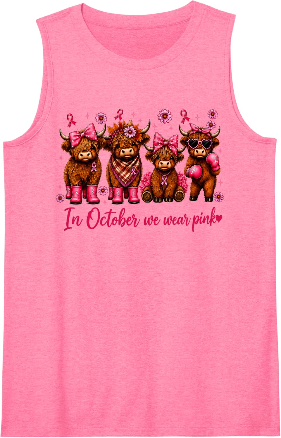 Highland Cow in October We Wear Pink Breast Cancer Awareness Sleeveless Tank Top - Pink