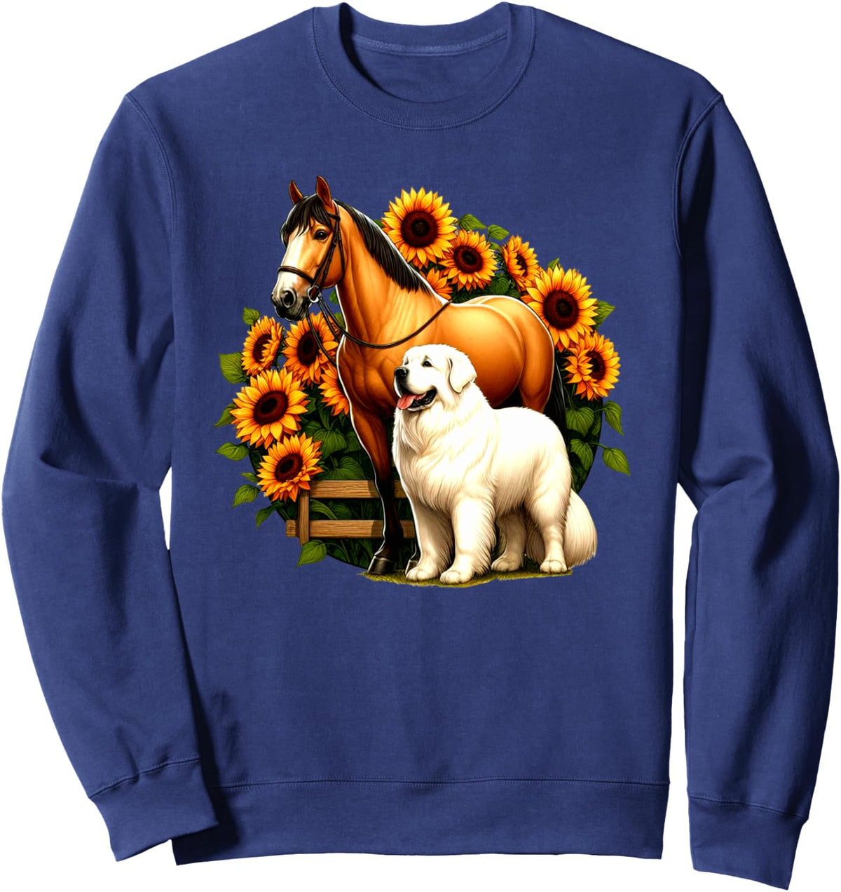 Great Pyrenees Horse Sunflowers Great Pyrenees Dogs Lovers Sweatshirt - Adult Unisex Navy Blue