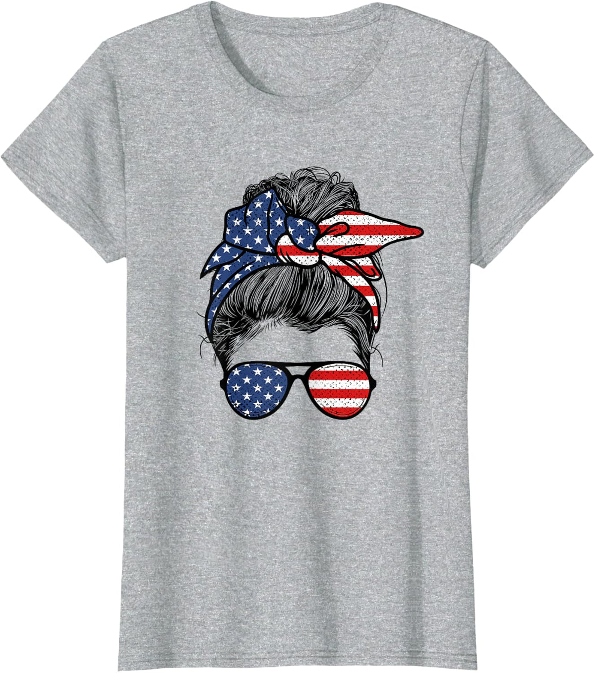Women Girls Messy Bun USA Flag Glasses 4th of July Patriotic T-Shirt - Heather Grey