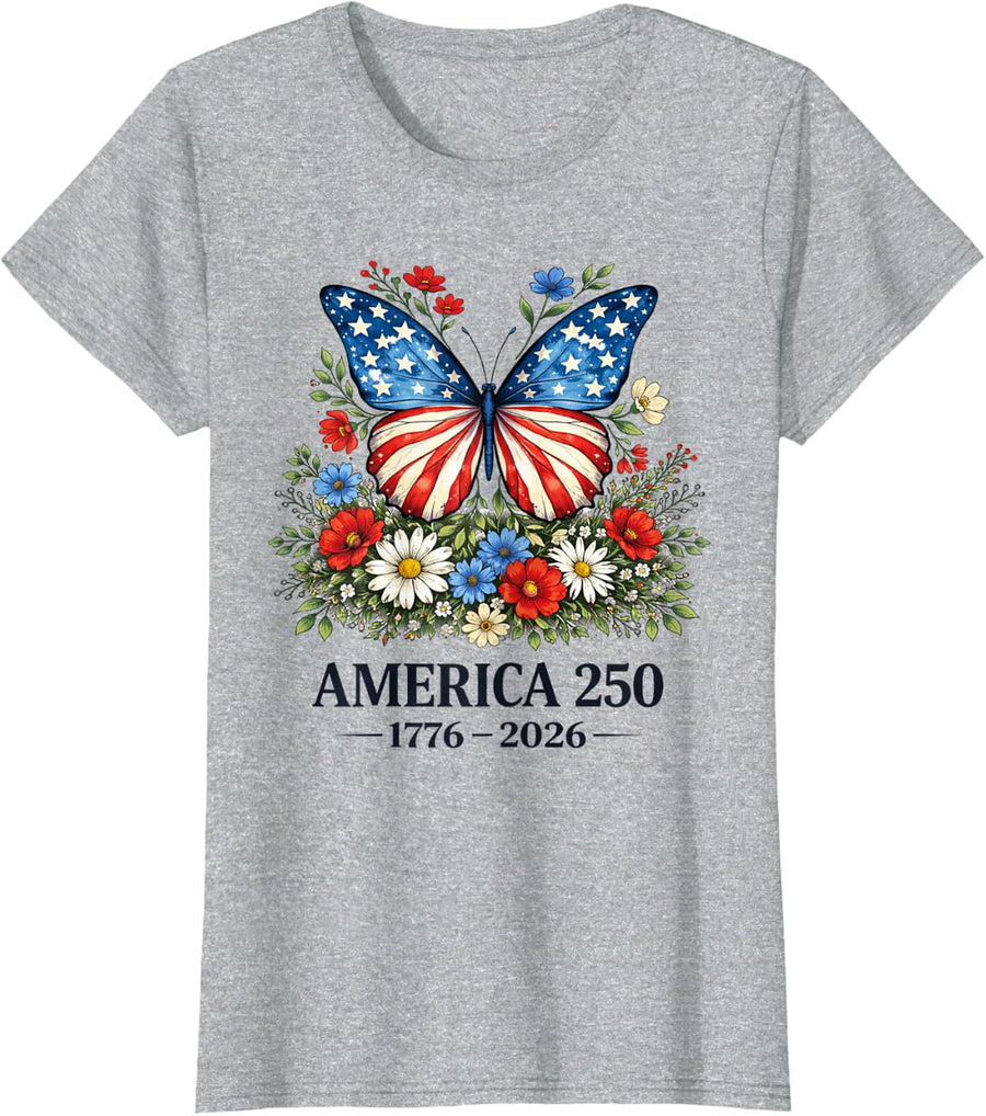 250th Anniversary Butterfly USA Flag Patriotic 4th of July T-Shirt - Heather Grey