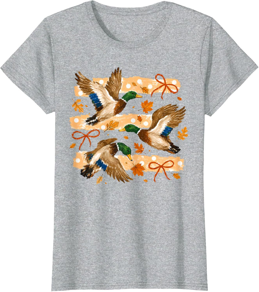 Fall Coquette Bow Striped Flying Mallard Duck Hunting Season T-Shirt - Heather Grey